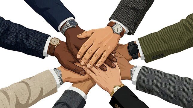Multicultural business team stacking hands in unity