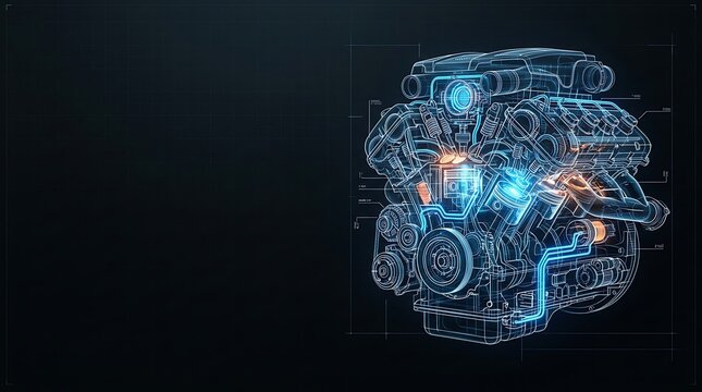 Digital holographic v8 engine blueprint on dark background