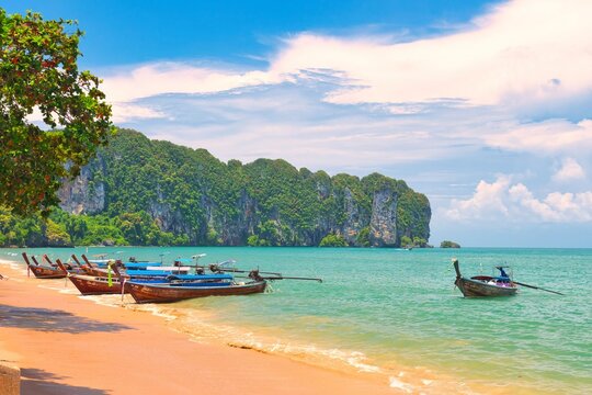 

Thailand - Krabi - Ao Nang Beach July 22nd 2026. This was on a beautiful morning during the wet season. The Andaman sea during the low season surrounded by beautiful mountains.
