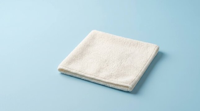 White folded microfiber cleaning cloth on a solid light blue background studio shot