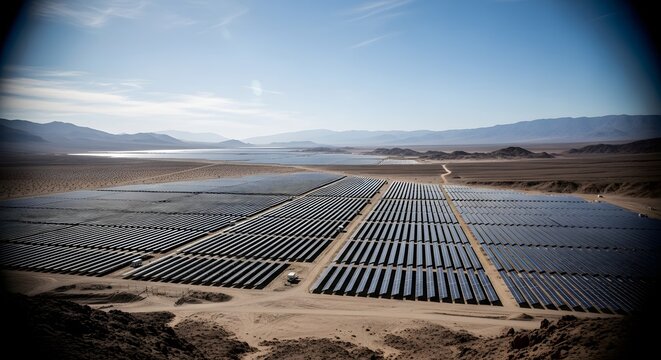 Vast solar panel farm in a desert landscape with mountains and lake