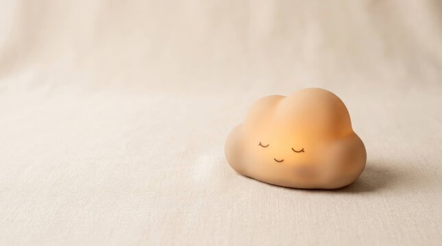 A cute illuminated smiling cloud night light resting on a soft beige fabric surface
