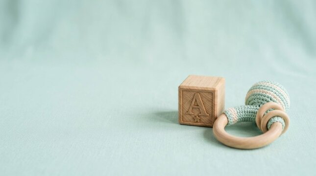 Wooden Alphabet Block and Knitted Baby Rattle on a Soft Pastel Green Background