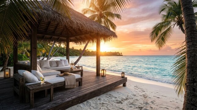Luxury Beach Villa Lounge at Sunset Overlooking Tropical Ocean Waters S1 93
