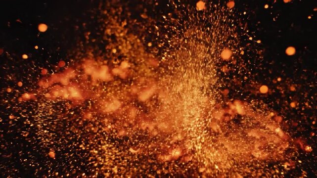 Dynamic close-up of a fiery explosion with bright sparks and intense flames on a dark background.