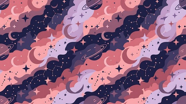 Seamless cosmic sky pattern with planets stars and moons
