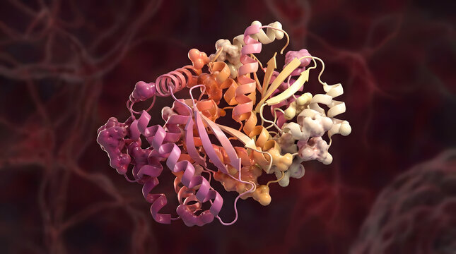 Detailed 3d illustration of a complex biological protein molecule structure with helices with scientific rendering complex
