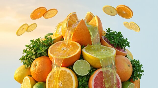 A dynamic creative composition featuring fresh citrus fruits with floating juice splash and slices of oranges, lemons, and limes. Ideal for advertising fresh juice, healthy drinks, vitamin C