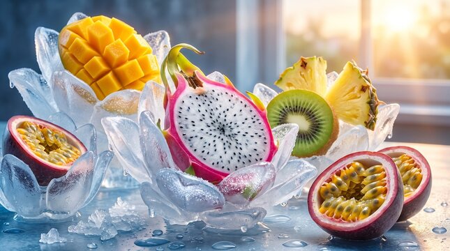 A vibrant assortment of fresh tropical fruits including dragon fruit, mango, passion fruit, and kiwi displayed with ice cubes and water splash. Perfect for themes related to healthy lifestyle, fresh