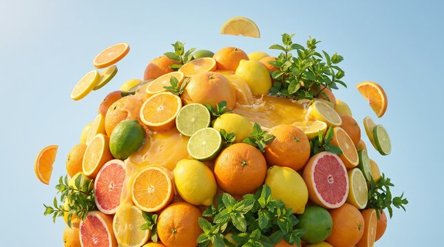 A modern artistic composition of floating citrus fruits including oranges, lemons, limes, and grapefruits arranged in a spherical shape with fresh herbs. Suitable for concepts of healthy nutrition