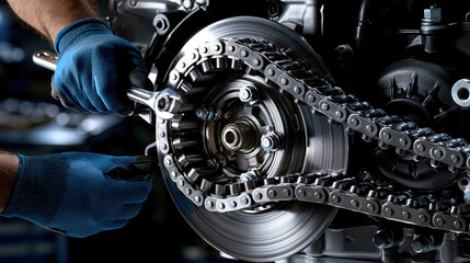 Fototapeta premium Close up mechanic engine repair workshop maintenance, blue glove hand tool adjust metal chain drive system in industrial garage precision service concept