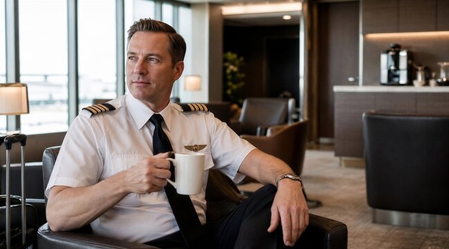 Pilot in uniform with coffee in lounge