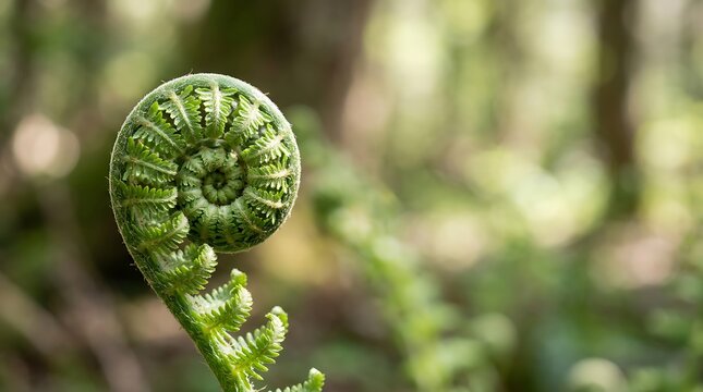 Macro shot of a green fern fiddlehead uncurling in the forest