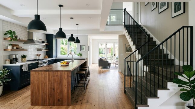 Modern Open Concept Kitchen and Staircase Interior View in Residential Home