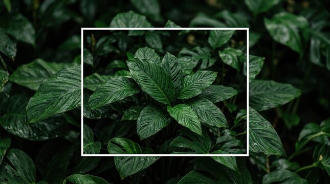 Vibrant tropical green leaves with white frame layout design background