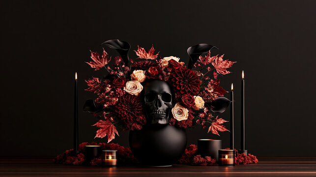 Black skull floral still life with candles and dark red leaves, spooky elegant autumn decor