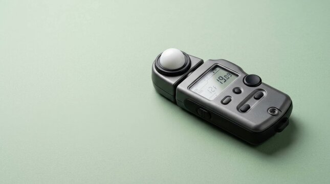 Professional digital light meter for photography and studio lighting setup on green background