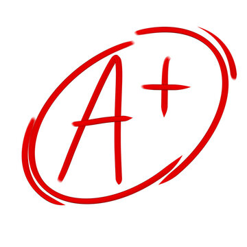 A plus grade mark icon set in red and blue ink, vector illustration