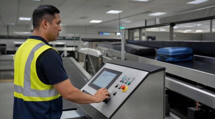 Fototapeta premium Airport worker at baggage screening console