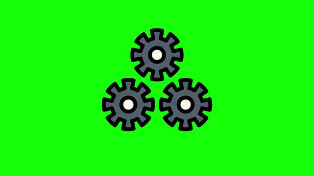 Three cartoon style gear wheels rotating on a green screen background symbolizing teamwork, engineering, and system operation