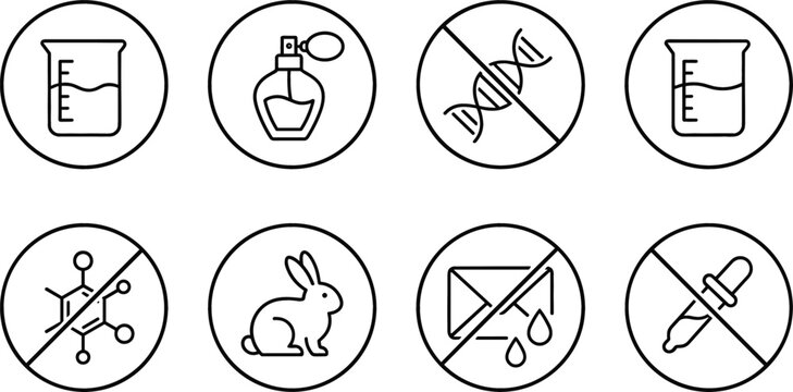 Cosmetic and Skincare Ingredient Line Icon Set Featuring Cruelty Free Rabbit Paraben Free Molecule No GMO DNA and Chemical Free Beaker Symbols for Product Packaging Labels