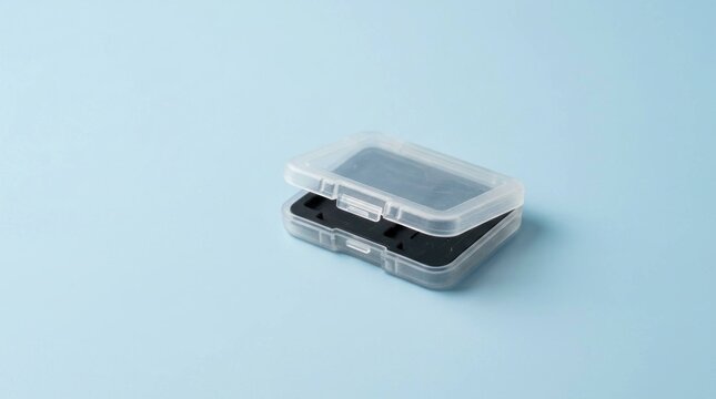 Empty translucent plastic storage case for memory cards on a light blue background
