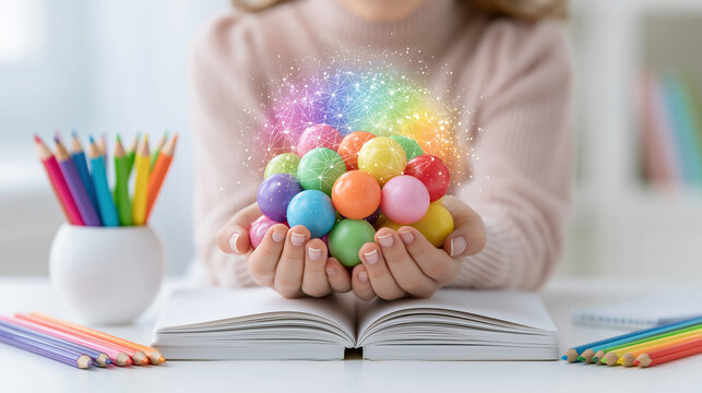 Education learning study hands book student colorful knowledge classroom hologram network technology concept creative sphere pencil desk open