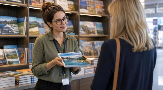 Bookseller shows book to customer in store
