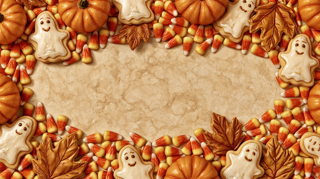 Halloween candy corn frame with ghost cookies, pumpkin and autumn leaf border on beige background