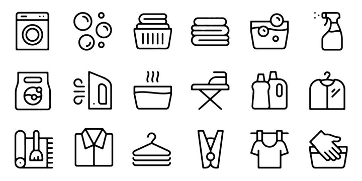 Laundry Icon Set. Washing Machine, Iron, Dryer, Detergent and Clothesline Symbols. Editable Stroke. Vector Illustration.