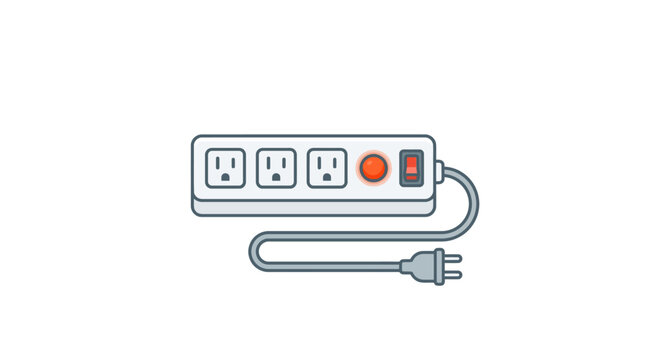 A simple flat vector illustration of a white power strip with three outlets and a red power switch.