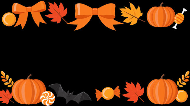 Halloween party invitation border with pumpkin, candy, leaf, and ribbon frame on black background