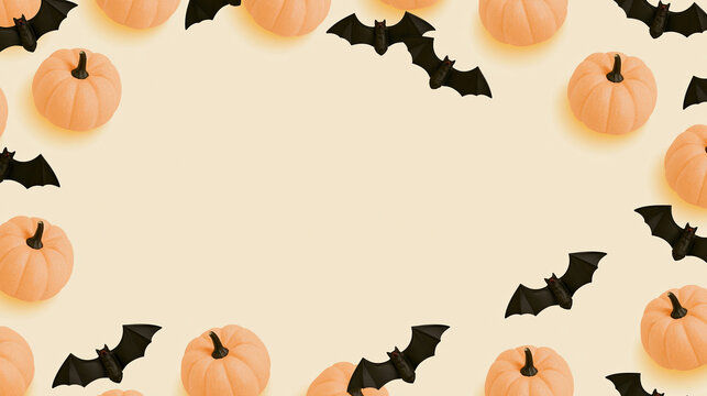 Halloween pumpkin and bat border with copy space for social media story layout on beige background