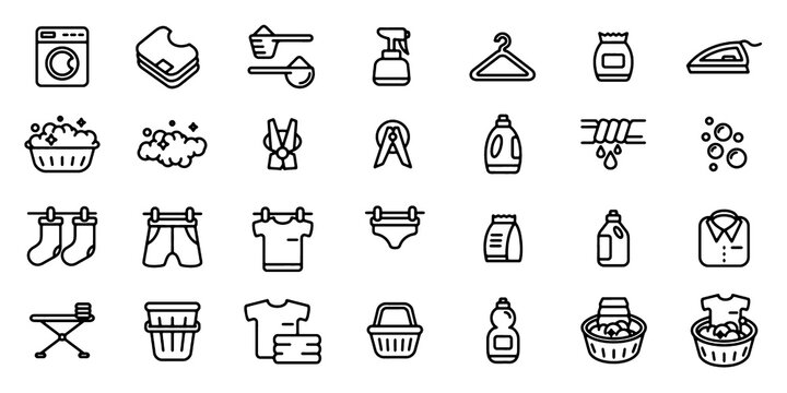 Laundry Icon Set Vector Clothes Washing and Cleaning Service Icons Collection with Washing Machine, Hanging Clothes and Ironing Symbols.