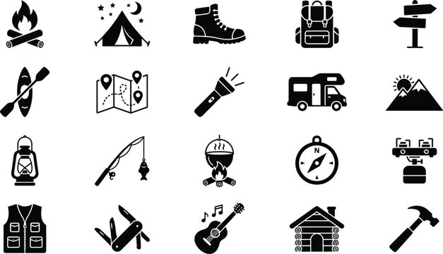 Camping outdoor adventure icon set for hiking travel recreation equipment vector illustration isolated on white
