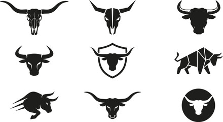 Fototapeta premium Bull and Longhorn Skull Icon Set with Buffalo Bison Shield Geometric and Charging Mascot Symbols for Texas Western Rodeo and Team Branding Designs