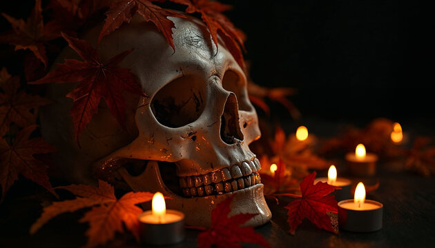 Spooky Halloween human skull surrounded by red maple leaves and burning tea light candles on a dark background