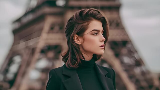 Paris, France, Europe. A portrait of a woman in front of the Eiffel Tower in Paris, France. The woman has wavy brown hair and wears a black turtleneck sweater. Her eyes are closed.