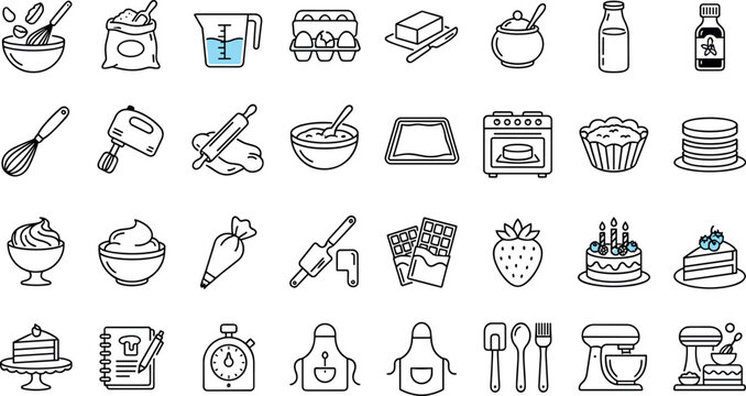 Baking ingredients kitchen utensils cake desserts and pastry cooking line iconsBaking ingredients kitchen utensils cake desserts and pastry cooking line icons