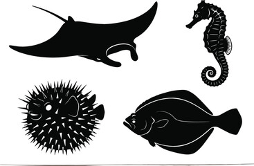 Sea Life Silhouette Vector Graphic Collection Featuring Manta Ray Seahorse Puffer Fish and Flounder Icons for Marine Wildlife and Ocean Ecosystem Themed Creative Layouts © Himu 