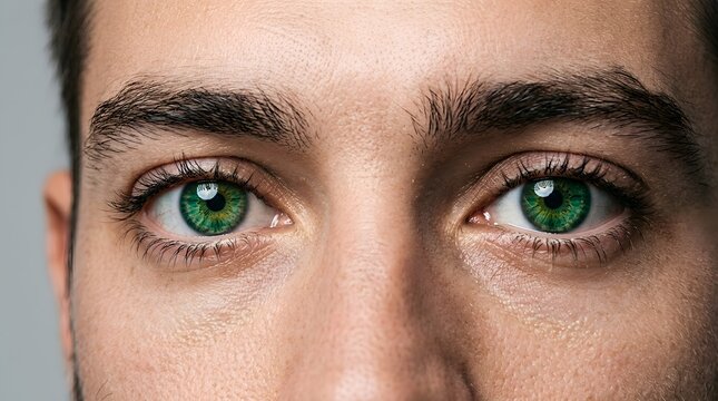 Extreme close-up of a young man with striking vibrant green eyes looking directly at the camera