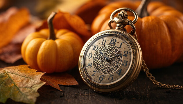 Vintage brass pocket watch with autumn pumpkins and colorful dry leaves on wooden background for daylight saving time change concept