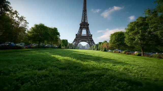 Paris, France, Europe. A vivid portrayal of the Eiffel Tower stands tall against a clear blue sky. The iconic structure is the focal point, its intricate ironwork and lattice patterns clearly visible.