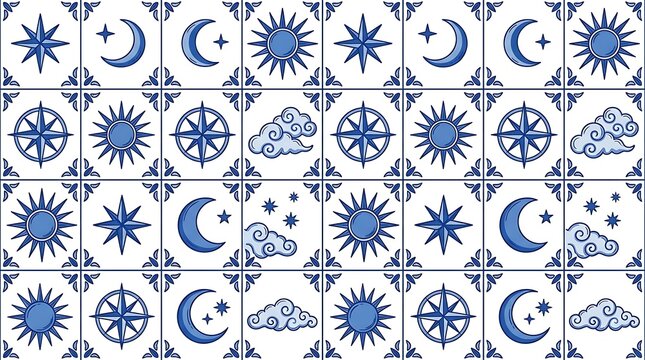 Blue and white azulejo ceramic tiles with celestial sun and moon
