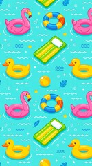 Colorful pool floats pattern with flamingo duck and mattress on water