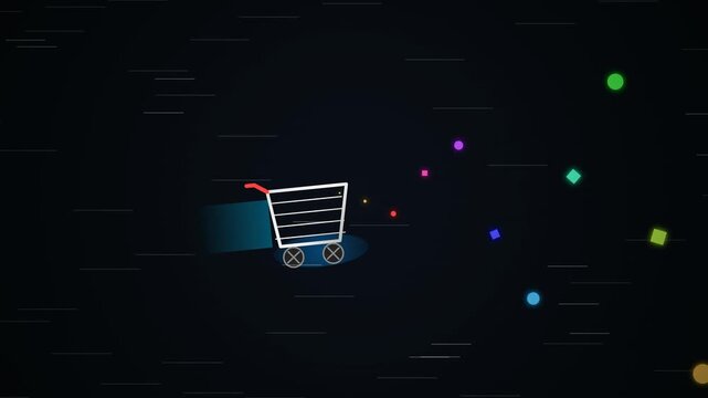 Abstract shopping cart moving through colorful geometric shapes in motion
