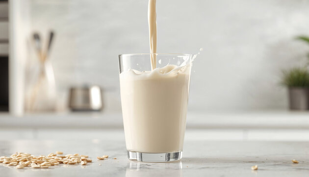 Pouring oat milk into a clear glass, creating a splash in a bright kitchen setting with oats scattered around