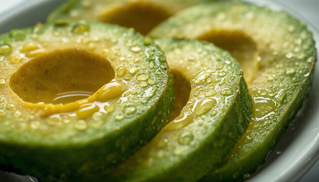 Fresh green avocado slices with water drops arranged neatly on a plate for a healthy meal