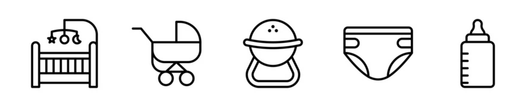 Set de iconos beb&eacute; maternidad biber&oacute;n coche pa&ntilde;al 5 piezas outline vector