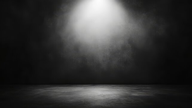 Dramatic moody dark interior room with bright overhead spotlight illumination and fog